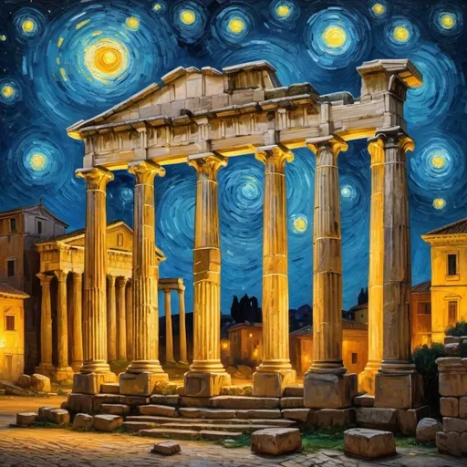 Prompt: Roman forum at night with Van Gogh's starry sky, ancient architecture, marble pillars, vibrant starry night sky, classic Roman ruins, majestic historical setting, high quality, oil painting, starry night sky, ancient Roman architecture, majestic, vibrant colors, detailed marble pillars, classic art style, atmospheric lighting