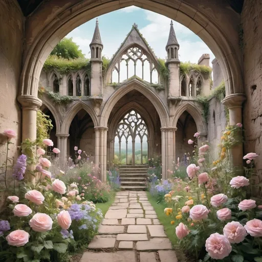 Prompt: an open and large beautiful dreamy outdoor fairytale pastel flower garden  surrounded by crumbling gothic walls with no roof and a central gothic archway above a few steps 