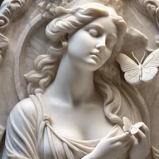 Prompt: Marble sculpture of a beautiful woman holding a marble butterfly, soft lighting, high quality, detailed carving, classical art style, serene expression, elegant, soft tones, intricate details, professional lighting