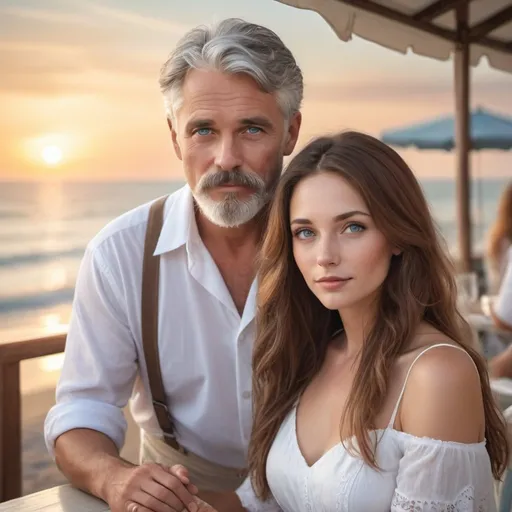 Prompt: Man with gray hair and beard and mustache, beautiful woman in white dress with long brown hair and auburn highlights and blue eyes, seaside cafe, beach background, soft lighting, sunset, elegant, realistic, exquisite details, outdoor setting, professional, high quality, seaside, soft pastel tones, detailed facial features, romantic atmosphere