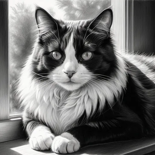 Prompt: Black and white cat basking in sunlight, realistic pencil drawing, detailed fur with shading, high contrast, monochrome, warm lighting