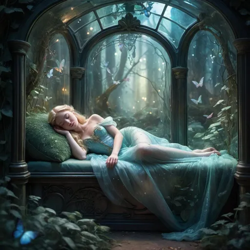 Prompt: Sleeping beauty laying in a glass case, enchanted forest, fairy tale, detailed glass texture, ethereal glow, magical lighting, highres, fantasy, detailed flora, mystical atmosphere, soft color tones, fantasy art, dreamy, detailed storytelling, fantasy landscape, enchanted