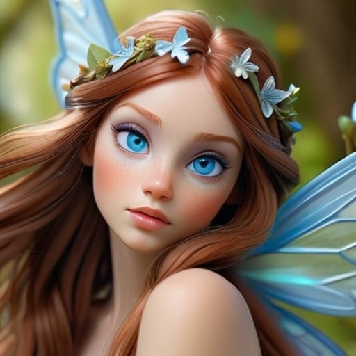 Prompt: Realistic close-up of a fairy goddess with long brown hair and auburn highlights, striking blue eyes, spring color palette, ethereal and delicate, high quality, realistic, detailed, fairy goddess, spring colors, close-up, long hair, auburn highlights, blue eyes, ethereal, delicate, detailed, professional