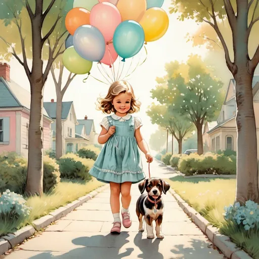 Prompt: Vintage illustration of a little girl with balloons and puppy, pastel colors, sidewalk, trees, high quality, detailed, vintage, nostalgic, traditional illustration, pastel tones, detailed trees, adorable, charming, whimsical, joyful, retro