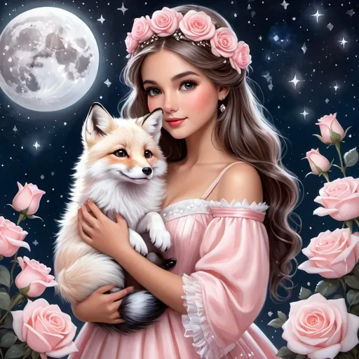 Prompt: Beautiful little princess, holding pet fox, surrounded by pink, white roses, under starry night sky with moon, sweet, detailed, painting, cute, fairy tale, whimsical, dreamy, pastel colors, starlight, highres, detailed fur, romantic lighting
