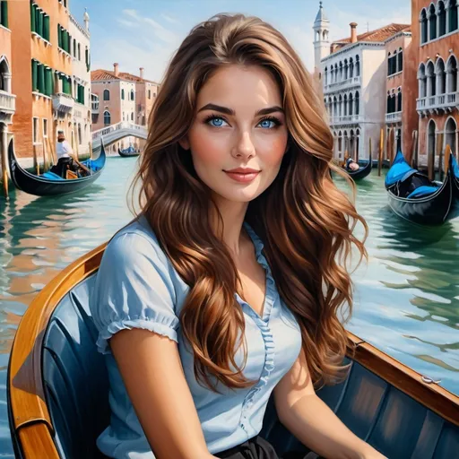 Prompt: Oil painting of a young beautiful woman with long brown wavy hair with auburn highlights and soft blue eyes, gray-haired man riding in a gondola in Venice, high-quality, detailed, oil painting, portrait, Venice, romantic, classic, beautiful, elegant, serene, detailed features, flowing hair, expressive eyes, traditional art style, warm tones, natural lighting, full range of field