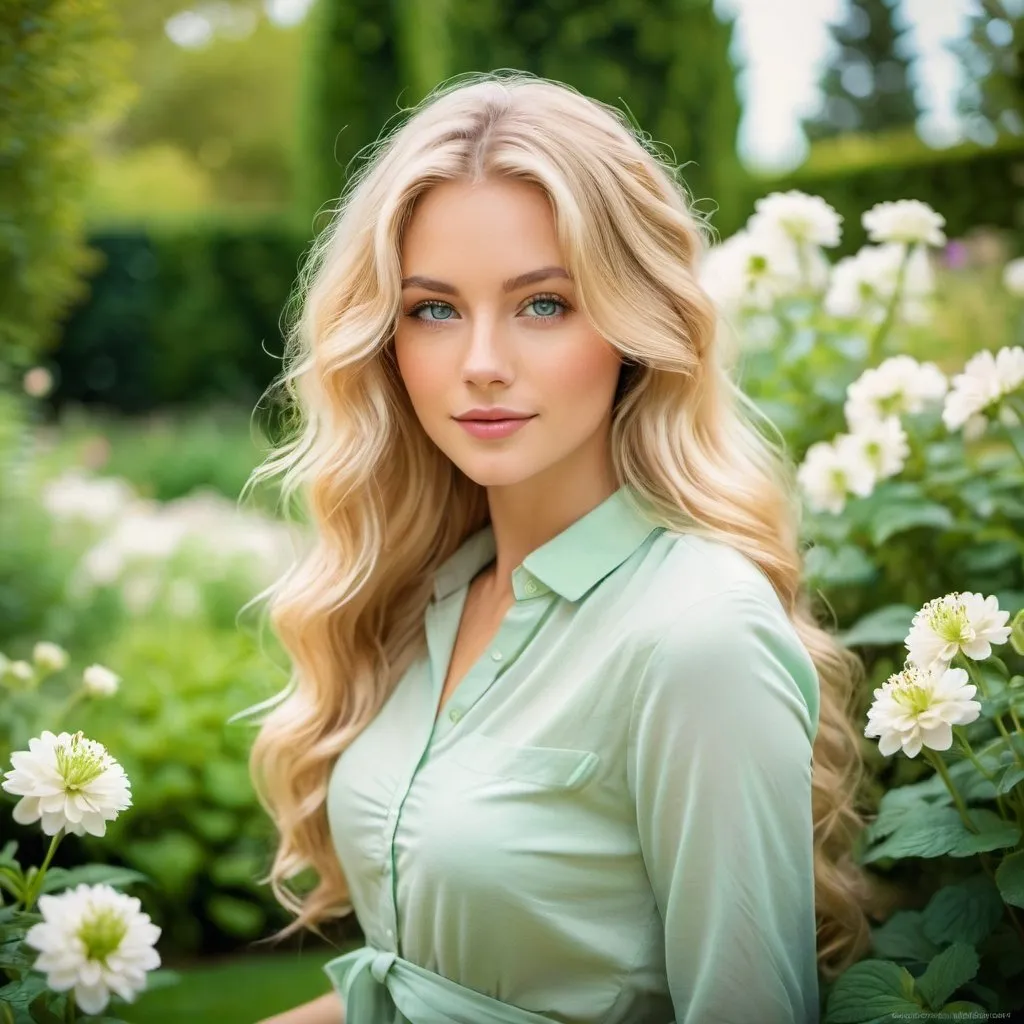 Prompt: Beautiful young woman with long blonde wavy hair and green eyes in a garden, impressionism, full length, wide angle view, flowers, high quality, impressionism, wide angle view, long wavy hair, green eyes, garden, beautiful, full length, soft color palette, natural lighting, flowers