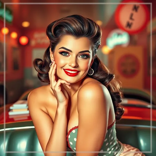 Prompt: (50s pin up model), nostalgic vintage style, vibrant colors, playful pose, retro allure, stylish outfit, flirtatious expression, soft lighting, warm tones, detailed poster design, classic Americana vibe, capturing the essence of 1950s glamour, ultra-detailed, high-quality print, inviting and charming atmosphere, evoking feelings of nostalgia and beauty.