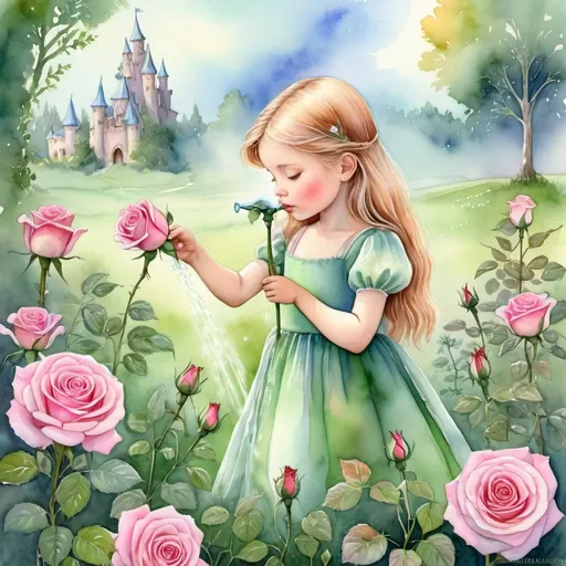 Prompt: Little princess watering a single rose, lush green meadow, high quality, watercolor painting, fairy tale, magical atmosphere, detailed floral design, pastel colors, soft lighting, enchanting, serene, whimsical, princess, rose, meadow, watercolor, magical, detailed, pastel colors, fairy tale, enchanting lighting