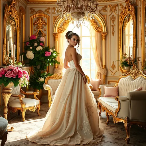 Prompt: (full length young beautiful woman dressed in (rococo style)), opulent surroundings, intricate details, lavish decor, luxurious fabrics, elegant curves, ornate furniture, lush floral arrangements, pastel colors, soft romantic lighting, dramatic shadows, high quality (ultra-detailed), graceful poses, opulence embodied, dreamy ambiance.