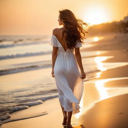 Prompt: (rear view of a beautiful young woman), (long wavy brown hair), (walking down the beach), (white dress), carrying sandals in her right hand, bare feet in the sand, (sunset) casting warm golden hues, tranquil ocean waves in the background, soft breeze, peaceful ambiance, (HD), serene and reflective atmosphere, golden hour lighting, romantic scene.