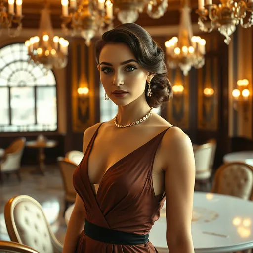 Prompt: photorealistic, (old Hollywood elegant style), (sophisticated young woman), elegant attire, full length body, soft lighting capturing a nostalgic atmosphere, timeless beauty, luxurious and refined setting, classic film vibe, vintage glamour, intricately detailed background elements, opulent decor, art deco influences, airy ambiance, warm tones, HD, ultra-detailed, cinematic quality.