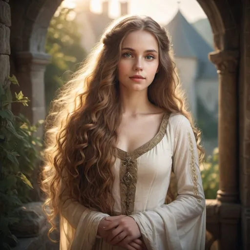 Prompt: Beautiful young woman, Beatrice, long wavy hair, medieval setting, paradise, high quality, detailed features, heavenly glow, serene atmosphere, medieval, divine, long flowing hair, elegant, radiant, ethereal lighting, paradise in background