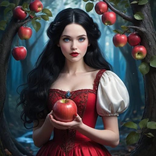 Prompt: Snow-white holding Apple in hand, flowing black hair, detailed and elegant, red dress, beautiful blue eyes, enchanting forest setting, high quality, detailed, fantasy, fairy tale, elegant, detailed hair, vibrant colors, atmospheric lighting
