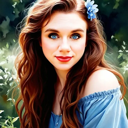 Prompt: Realistic gouache watercolor painting of a woman with a flower in her hair, long brown hair with auburn highlights, captivating blue eyes, soft and delicate features, vibrant and lifelike floral details, high quality, realistic style, warm color tones, soft natural lighting, detailed hair and eyes, elegant, traditional art, botanical elements, detailed and realistic, professional
