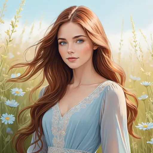 Prompt: beautiful woman, long brown hair with auburn highlights, soft blue eyes, wearing a dress, whimsical, thin line art, flat color illustration, high quality, meadow, soft colors, flowers, detailed, professional, atmospheric lighting