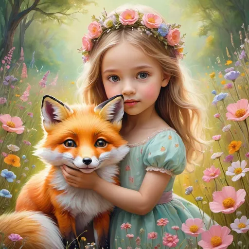 Prompt: Whimsical oil painting of a little princess and her pet fox, vibrant and dreamy, detailed floral meadow, pastel color palette, soft and warm lighting, 4k, high-res, ultra-detailed, fantasy, whimsical, little princess, pet fox, oil painting, dreamy, vibrant, detailed floral meadow, pastel colors, soft lighting, warm tones