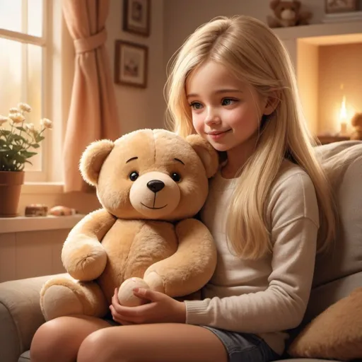 Prompt: Detailed illustration of a girl with long blonde hair playing with a teddy bear in a cozy living room, high quality, digital painting, warm and inviting, adorable girl with long flowing blonde hair, cute teddy bear with soft fur, cozy and comfortable atmosphere, playful and carefree, warm lighting, detailed interior decor, inviting and heartwarming, highres, ultra-detailed, digital painting, cozy, heartwarming, blonde hair, playful, adorable, warm lighting, detailed interior
