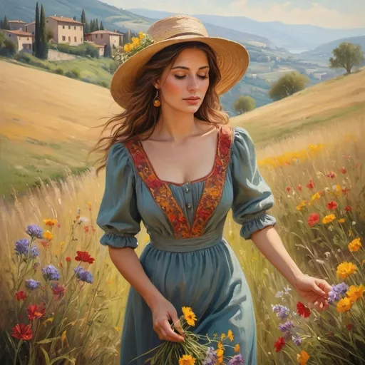 Prompt: Beautiful woman collecting wildflowers, Italy, oil painting, vibrant and warm colors, detailed facial features, flowing dress, scenic countryside, high quality, oil painting, vibrant colors, detailed features, flowing dress, scenic, warm tones, natural lighting