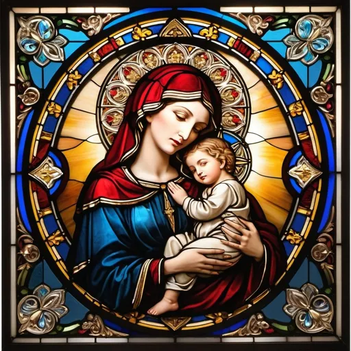 Prompt: Madonna and child in stained glass, vibrant colors, intricate details, high quality, stained glass, religious art, vibrant colors, intricate details, high quality, glowing, serene, traditional, warm tones, detailed features