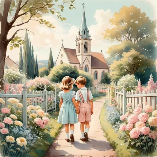 Prompt: Vintage illustration of a sweet boy and girl, pastel colors, flower garden, hand in hand, charming fence, delicate lines, vintage style, detailed features, soft pastel tones, quaint surroundings, high quality, charming, vintage, detailed, pastel colors, garden, lovely couple, nostalgic, romantic, church in background