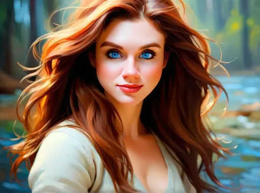 Prompt: Portrait of a beautiful woman, thick impasto, impressionism, long brown hair with auburn highlights, blue eyes, high quality, professional, art, thick texture, detailed brushstrokes, impressionist, warm lighting, auburn highlights, classic style