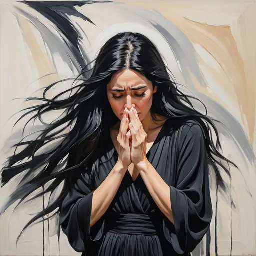 Prompt: (forlorn woman), wearing a (flowing long black dress), black hair, sobbing with face cupped in her hands, grief, mourning, face hidden, background large brushstrokes