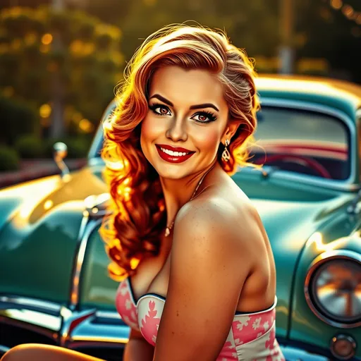 Prompt: photorealistic, (hyperrealistic) portrait of a 50s pinup model, posing alluringly by a classic vintage 50s car, vibrant colors, warm sunlight illuminating her radiant skin, nostalgic ambiance, vintage pin-up poster style, high-quality, detailed textures, retro fashion style, captivating smile, glossy finish, soft focus on the background to highlight the model and car, creating a timeless nostalgic feel.