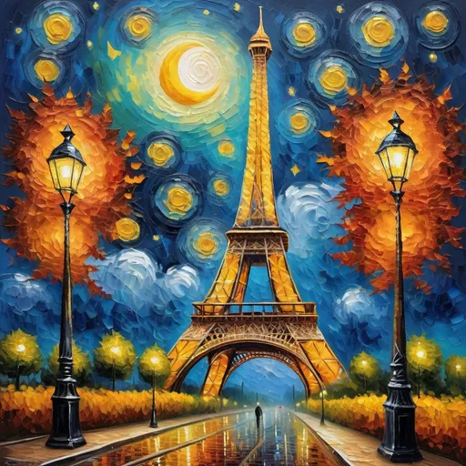 Prompt: Landscape oil painting of the Eiffel tower, Van Gogh's Starry Night style, vibrant and swirling night sky, iconic Eiffel tower with intricate details, rich oil texture, impasto brushwork, high-quality, impressionistic, vibrant color palette, majestic and dreamy, detailed architectural elements, post-impressionist, star-filled night sky, moonlit glow, textured clouds, Van Gogh inspired, professional artistic rendering