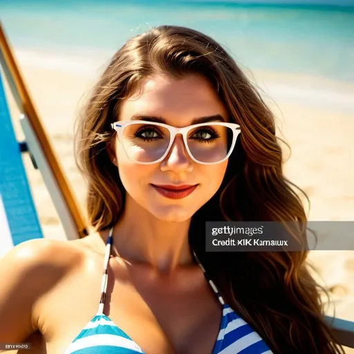 Prompt: (Beautiful woman), long brown wavy hair, slim petite body, lounging in a beach chair on a sun-kissed sandy beach, side view, full body, (vibrant colors), gentle waves in the background, bright blue sky with fluffy clouds, warm sunlight casting inviting shadows, (serene atmosphere), ultra-detailed, 4K quality, capturing the essence of summer relaxation.