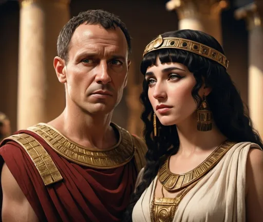 Prompt: Realistic portrayal of Marc Antony and Cleopatra, regal attire, ancient Roman setting, exquisite details, lifelike facial features, high quality, traditional art style, warm tones, soft and natural lighting