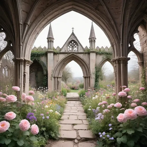 Prompt: an open and large beautiful dreamy outdoor fairytale pastel flower garden  surrounded by crumbling gothic walls with no roof and a central gothic archway above a few steps 