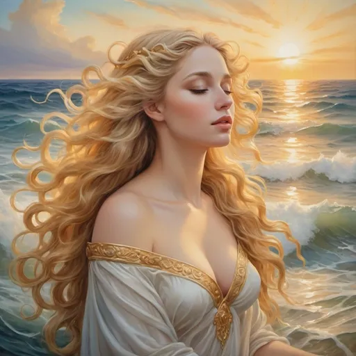 Prompt: Beautiful goddess of Venus, divine atmosphere, oil painting, luxurious ocean setting, ethereal beauty, flowing golden hair, soft and radiant skin, tranquil and serene expression, high quality, oil painting, mythological, luxurious, divine atmosphere, ocean setting, radiant beauty, tranquil expression, luxurious colors, detailed brushwork