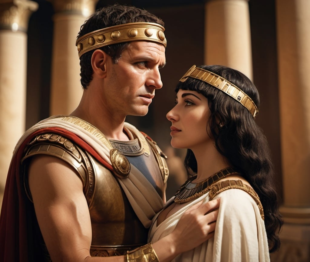 Prompt: Realistic portrayal of Marc Antony and Cleopatra, regal attire, ancient Roman setting, exquisite details, lifelike facial features, high quality, traditional art style, warm tones, soft and natural lighting