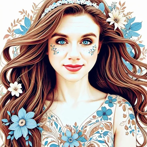 Prompt: Whimsical flower girl, with long brown hair and blue eyes,  thin line art, flat color illustration, high quality, detailed floral pattern, delicate and ethereal, pastel color palette, soft and dreamy, intricate line work, professional, highres, flat illustration, detailed flowers, whimsical vibe, delicate details, professional quality, ethereal beauty
