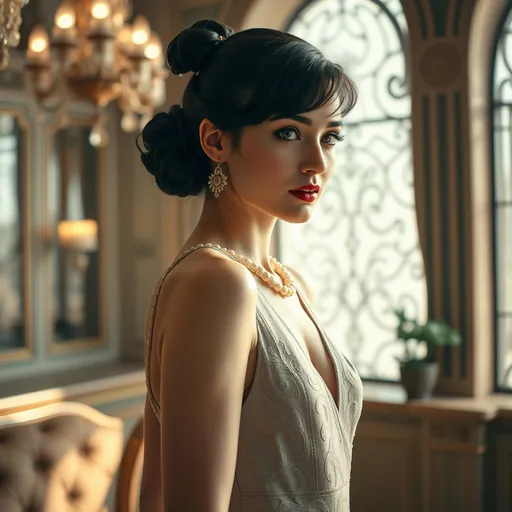 Prompt: photorealistic, (old Hollywood 1920s style), (sophisticated young woman), elegant attire, full length body, soft lighting capturing a nostalgic atmosphere, muted pastel colors, timeless beauty, luxurious and refined setting, classic film vibe, vintage glamour, intricately detailed background elements, opulent decor, art deco influences, airy ambiance, warm tones, HD, ultra-detailed, cinematic quality.