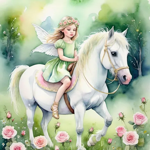 Prompt: Little princess riding a white pony, lush green meadow, high quality, watercolor painting, fairy tale, magical atmosphere, detailed floral design, pastel colors, soft lighting, enchanting, serene, whimsical, princess, rose, meadow, watercolor, magical, detailed, pastel colors, fairy tale, enchanting lighting