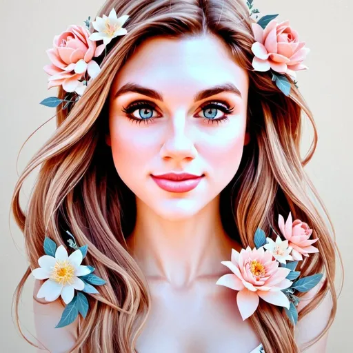 Prompt: Whimsical flower girl, thin line art, flat color illustration, high quality, detailed flowers, delicate features, elegant design, pastel tones, soft lighting