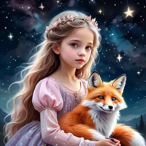 Prompt: Little princess with her pet fox under a starry sky, digital painting, dreamy atmosphere, pastel colors, detailed facial features, flowing dress, whimsical, magical, enchanted, high quality, fantasy, magical realism, starlit sky, detailed fur, serene, peaceful, ethereal lighting