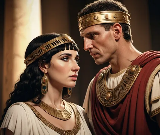 Prompt: Realistic portrayal of Marc Antony and Cleopatra, regal attire, ancient Roman setting, exquisite details, lifelike facial features, high quality, traditional art style, warm tones, soft and natural lighting