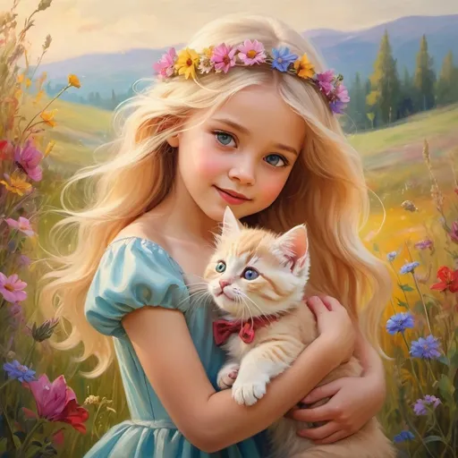 Prompt: Beautiful princess with flowing blonde hair, playing with adorable kitten, vibrant meadow with colorful wildflowers, high quality, oil painting, fairy tale, warm tones, natural lighting