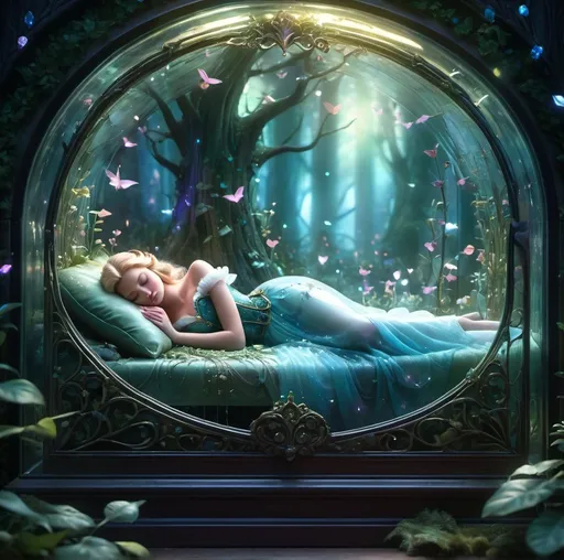 Prompt: Sleeping beauty laying in a glass case, enchanted forest, fairy tale, detailed glass texture, ethereal glow, magical lighting, highres, fantasy, detailed flora, mystical atmosphere, soft color tones, fantasy art, dreamy, detailed storytelling, fantasy landscape, enchanted