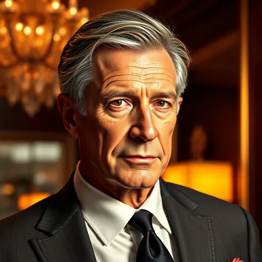 Prompt: photorealistic, (hyperrealistic portrait), an older handsome man in the style of Sean Connery, elegant features, well-defined jawline, deep-set eyes, classic hairstyle, wearing a tailored suit, (vibrant lighting), sophisticated background highlighting luxury, (shimmering textures), capturing charisma and refinement, high detail, 4K quality, conveys confidence and charm, warm atmosphere.