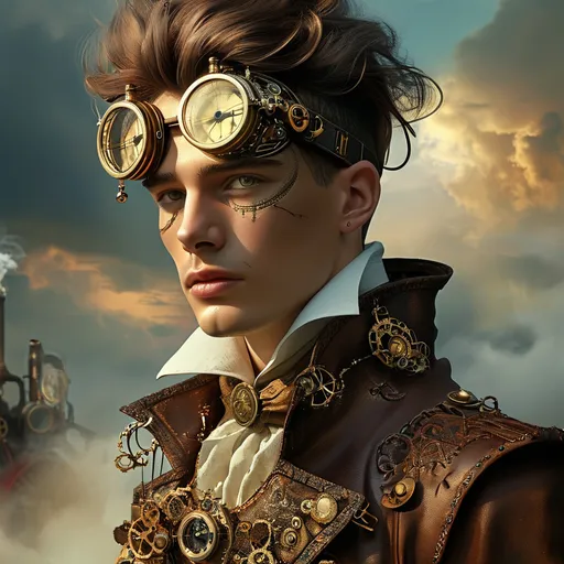 Prompt: (Beautiful young steampunk man), ornate goggles resting on his forehead, intricately designed leather jacket, bronze gears and cogs visible, vintage pocket watch hanging, stylishly tousled hair, atmospheric background with smokey skies and steam-punk machinery, warm golden tones, detailed textures, fantastical and adventurous mood, high-quality, ultra-detailed.