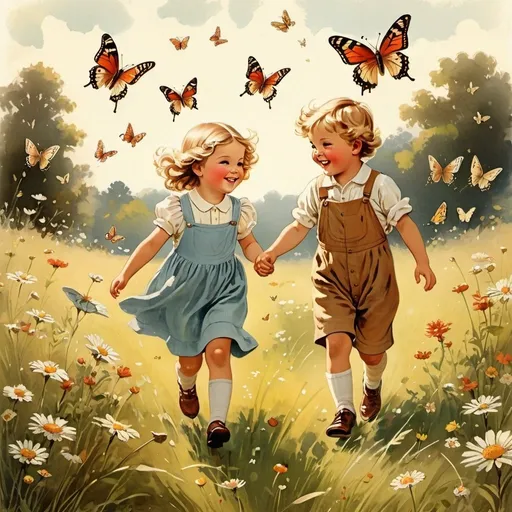 Prompt: Vintage illustration of a little girl and little boy in a meadow, butterflies landing on their hands, joyful expressions, playful, nostalgic, high quality, vintage style, warm tones, detailed nature, whimsical lighting, innocent joy, meadow setting, children, butterflies, nostalgic, vintage, detailed, playful, warm lighting, detailed illustrations, happy, whimsical