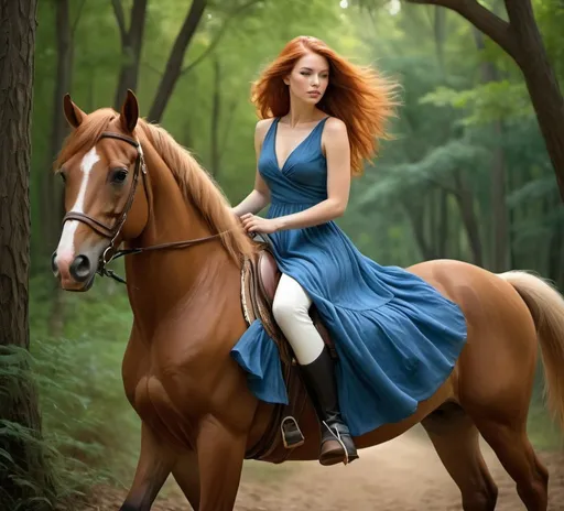 Prompt: Auburn hair woman riding palomino horse, beautiful blue dress, lush forest setting, high quality, realistic, detailed, graceful, elegant, vibrant colors, natural lighting, detailed hair, flowing dress, horseback riding, serene atmosphere