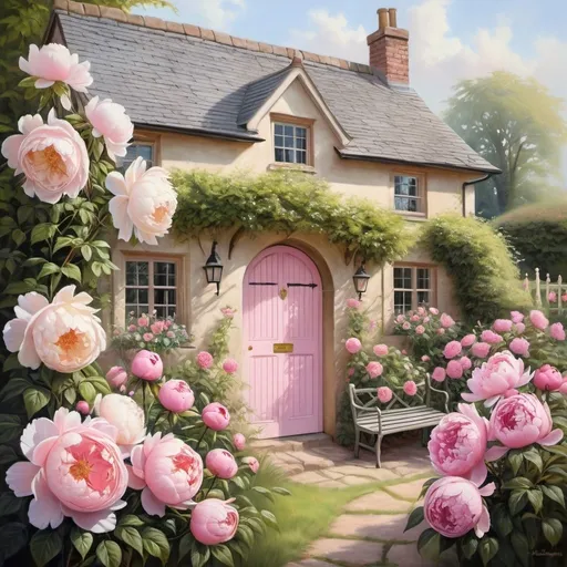 Prompt: English garden with roses and peonies, English cottage with a pink beautiful door, trellis, bench, soft pastel colors, high quality, realistic painting, soft pastel, detailed flowers, cozy atmosphere, charming cottage, natural lighting