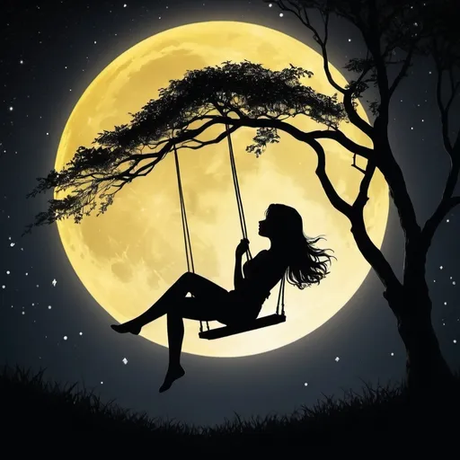 Prompt: black silhouette of a girl on a swing, (full large yellow moon glowing ) moonlight casting soft shadows, serene night sky, (starry background), peaceful ambiance, (moonlit glow), tranquil atmosphere, high resolution, ultra-detailed depiction, magical feeling, emotional depth, enchanting scenery.