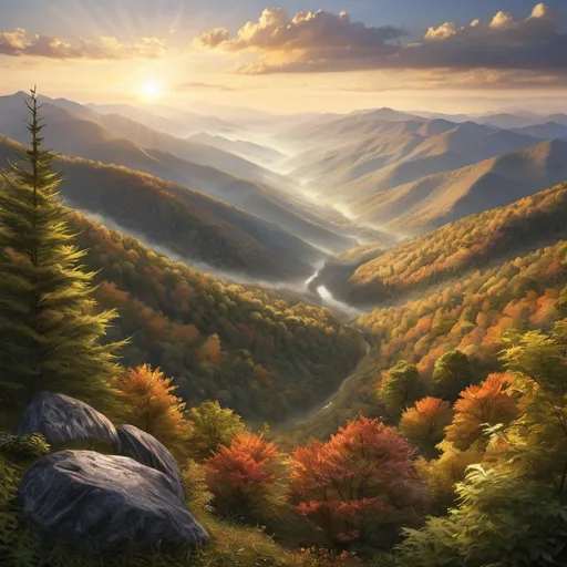 Prompt: Appalachian mountains at sunrise, wide angle view, full depth of field, beautiful, high resolution, realistic, detailed foliage, serene atmosphere, golden hour lighting, misty valleys, majestic peaks, natural beauty, landscape painting, professional quality, sunrise, mountain range, misty valleys, realistic, detailed foliage, serene atmosphere, wide angle view, full depth of field, beautiful, high resolution, golden hour lighting, majestic peaks, natural beauty