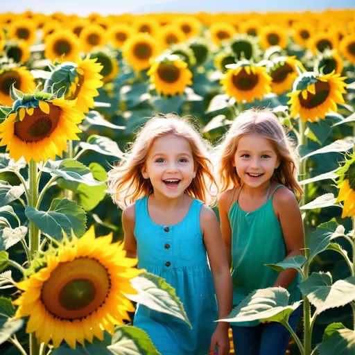 Prompt: Children playing hide and seek in a sunflower field, vibrant and playful, full depth of field, high quality, colorful, sunny, joyful, detailed sunflowers, happy children, natural lighting